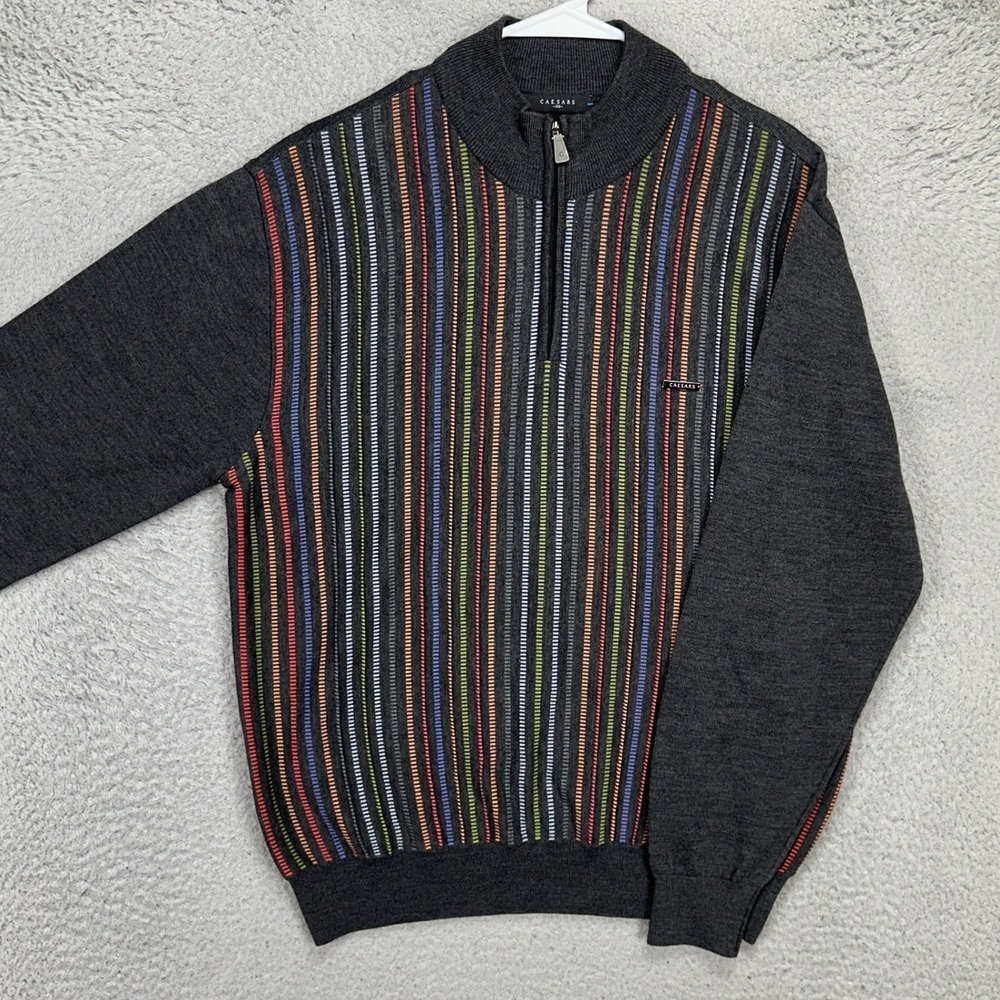 Caesars Mens Quarter Zip Sweater Medium Dark Gray Multi Stripe Pullover Comfort